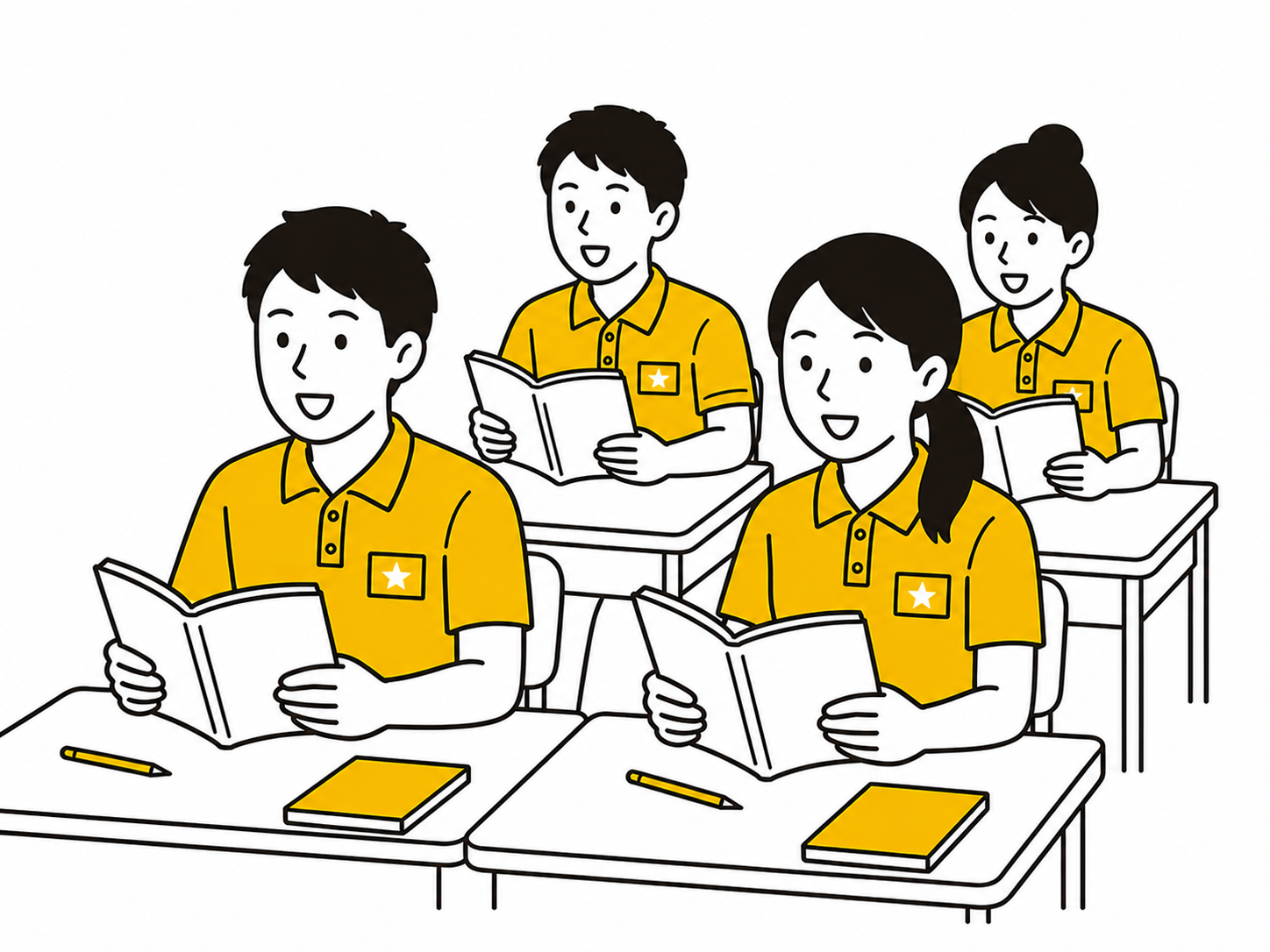 教室でひらがなや日本語テキストを声に出して練習する研修生たち