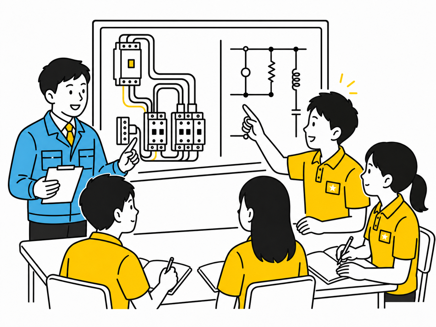 配線図や回路図を指さしながら電気の基礎理論を熱心に学ぶ研修生