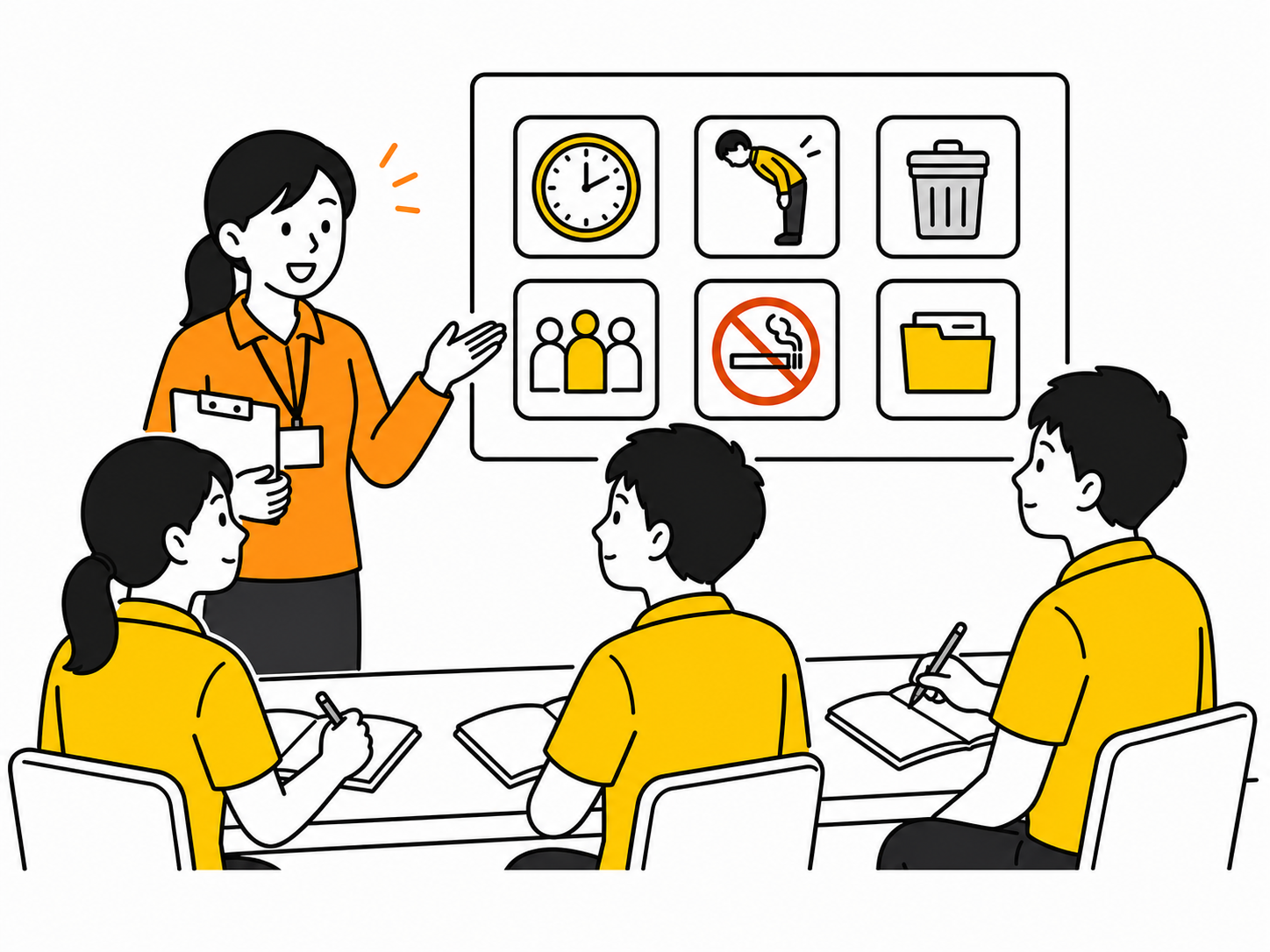 日本の生活マナーや職場ルールをスタッフから教わる研修生